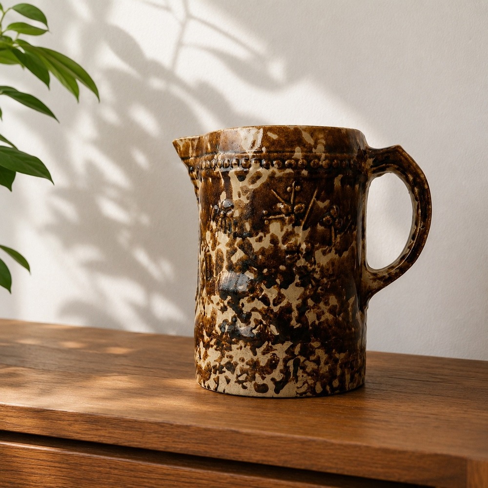 Rockingham Glazed Yellowware Relief Floral Pitcher Brown Spongeware Antique